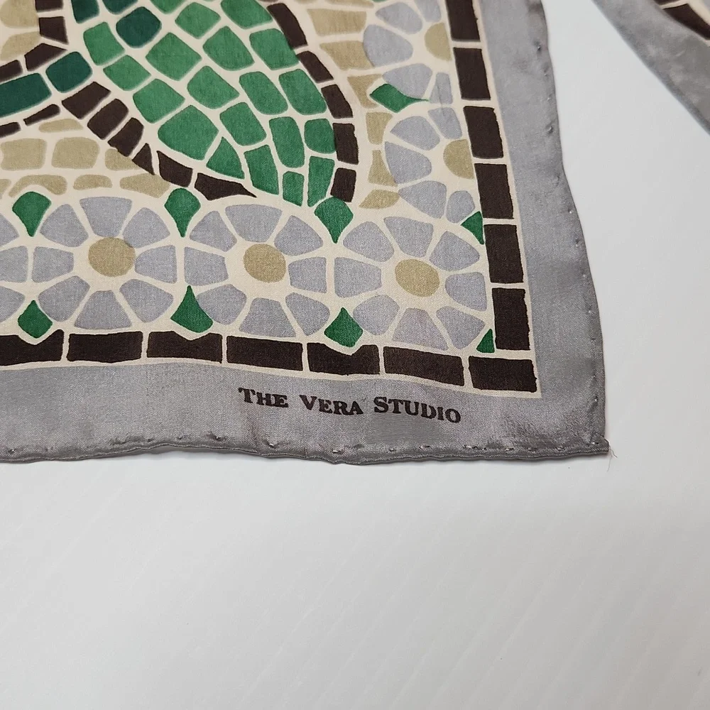The Vera Studio silk scarf mosaic floral print blue green beige rectangular